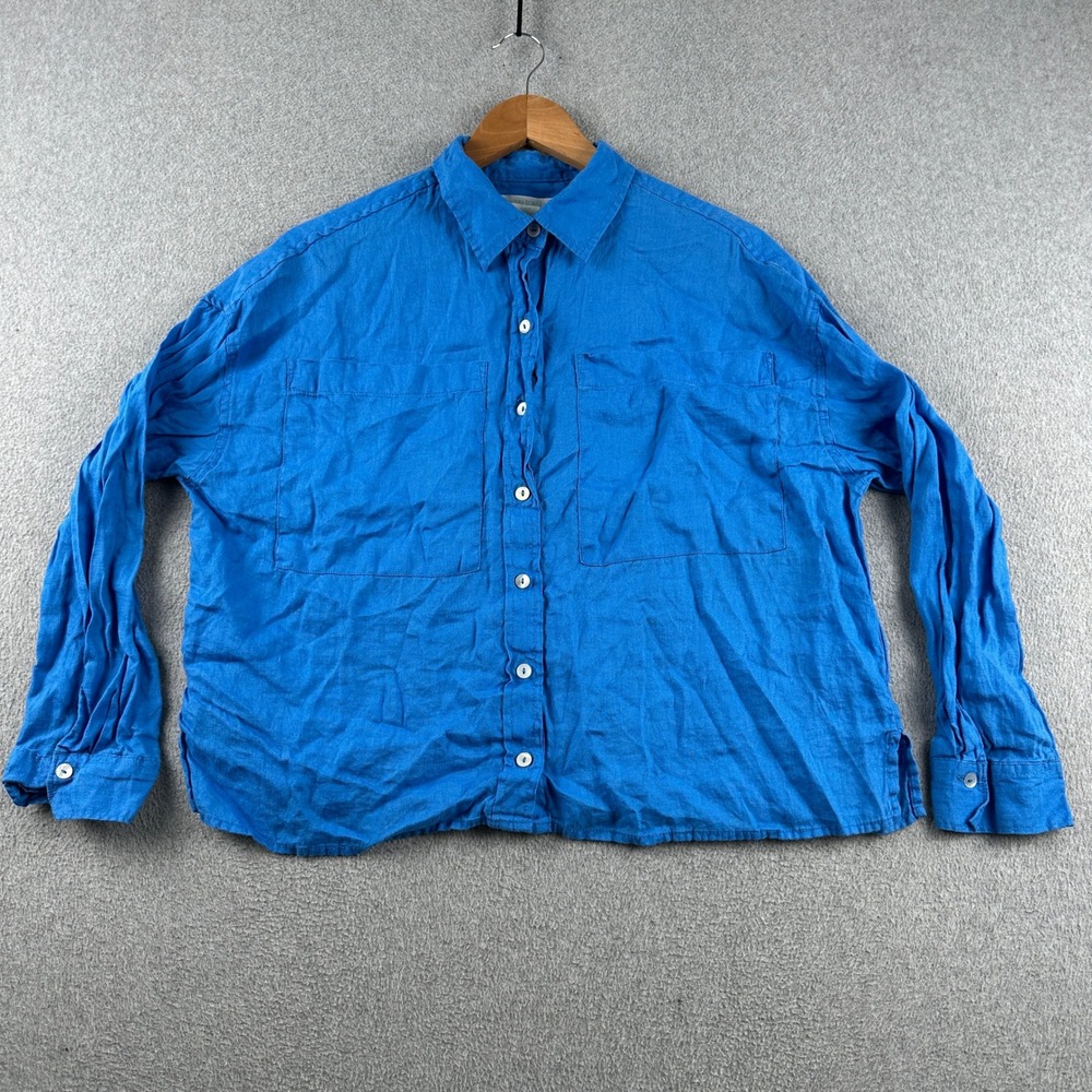 Cynthia Rowley Linen Shirt Womens Medium Blue Relaxed Button Down Long Sleeve